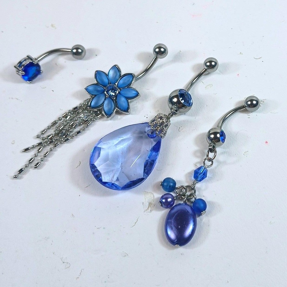 Vintage 90s Blue Belly Button Ring Set 4pc 14G 316L Surgical Steel New Old Stock - Picture 3 of 12